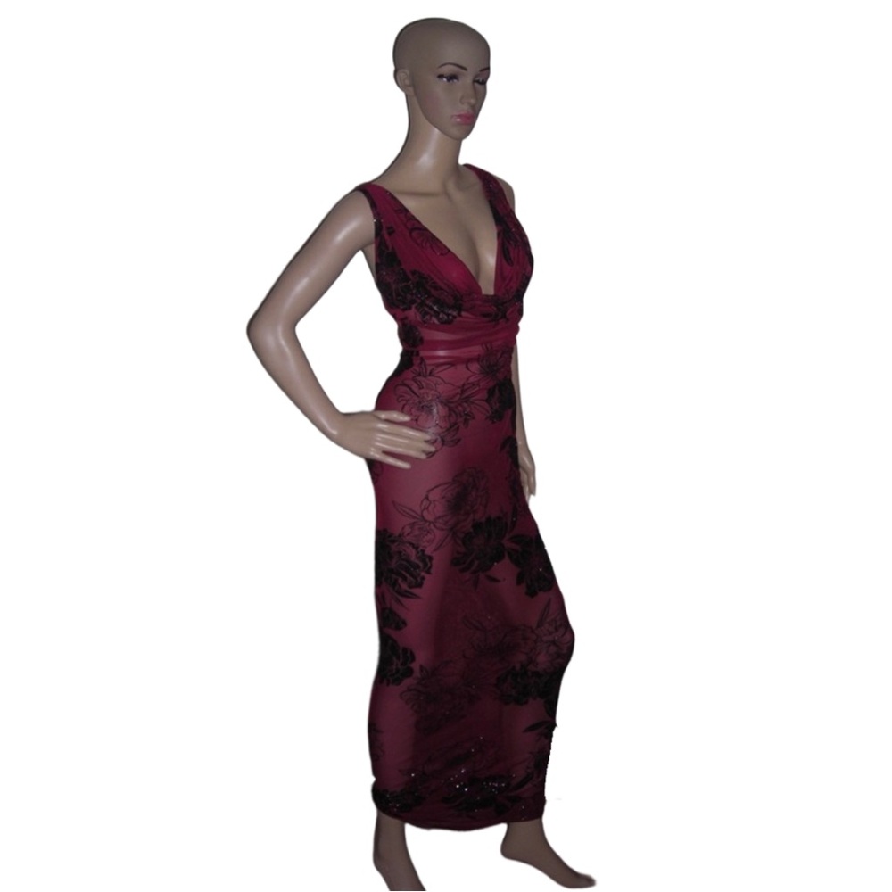 burgundy mesh glitter maxi dress